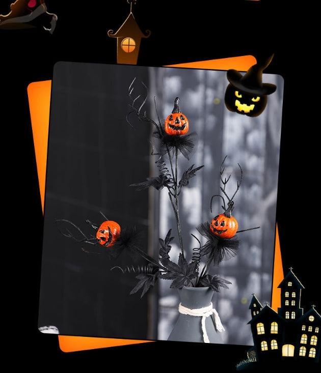 Halloween Black Twig & Pumpkin Stems (2-Pack) - Artificial Floral Picks for Spooky Arrangements