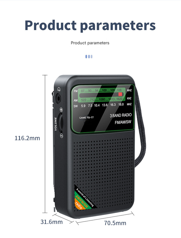 Black JOC TG-77 Multi-Band Rechargeable Radio for Seniors - Automatic Channel Search, FM/AM/SW Bands