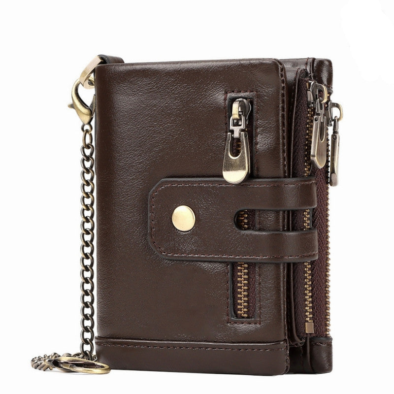 Coffee Genuine Leather Men's RFID Blocking Wallet - High Capacity Trifold with Zipper Coin Pocket