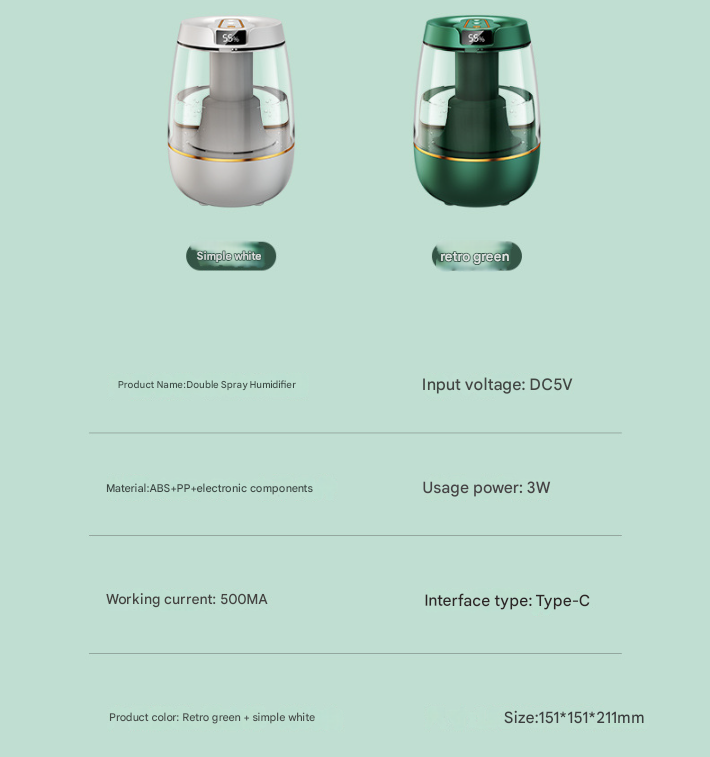 Green 3.5L Smart Cool Mist Humidifier with Dual Nozzle & Digital Display - Ultra-Quiet Air Purifier