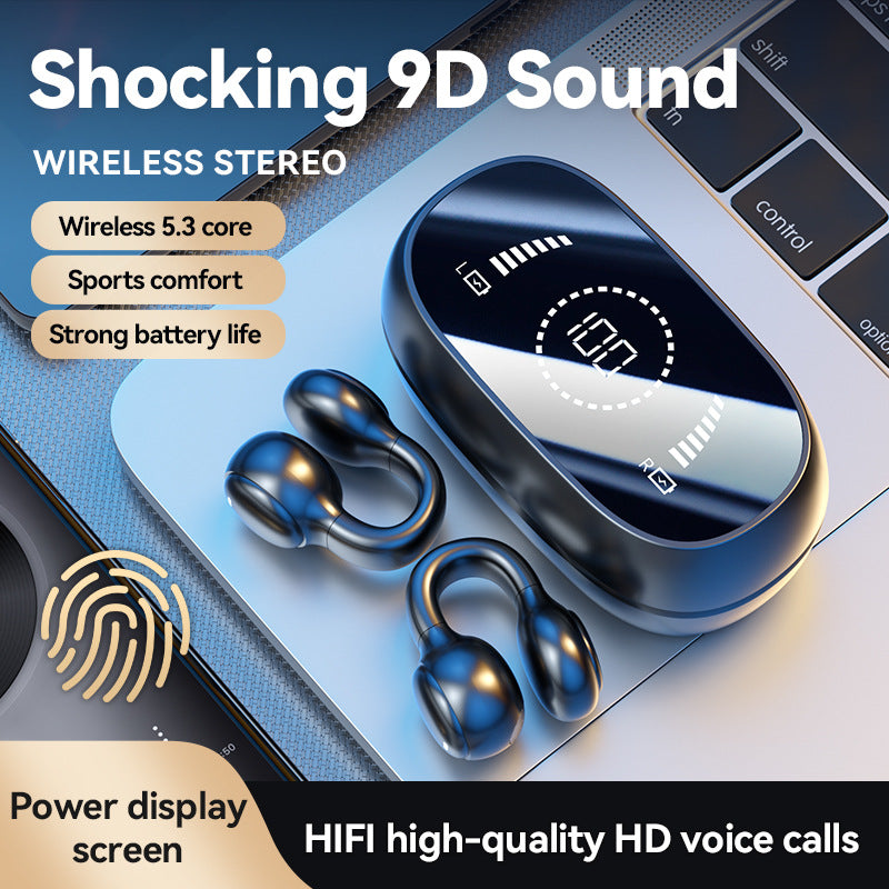Black Open-Ear Ear-Clip Wireless Earbuds, Bluetooth 5.3 Headphones with LED Digital Display, Hi-Fi Stereo Sound & HD Mic for Sports and Calls