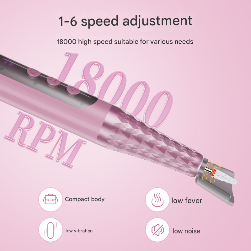 Pink Professional Electric Nail Drill Kit - 6-Speed 18000RPM Rechargeable Manicure & Pedicure File for Polishing, Grinding & Gel Removal