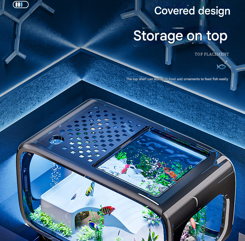 Black Modern Desktop Aquarium & Turtle Tank - Panoramic Viewing Fish Tank with Basking Platform & Lid