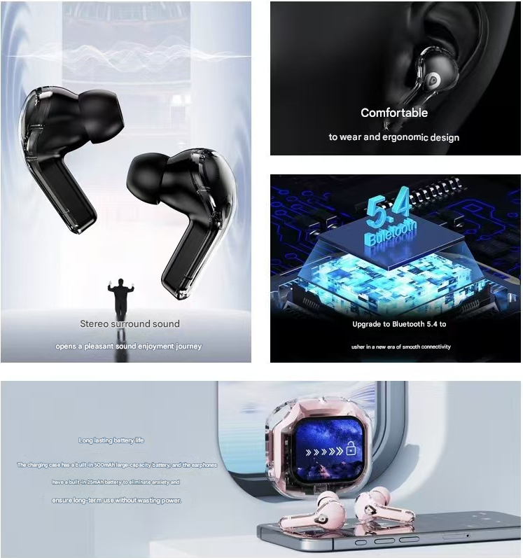 Black Smart TWS Earbuds with Full-Color LCD Touchscreen Case - Bluetooth 5.4, HiFi Stereo & ENC Noise Cancelling