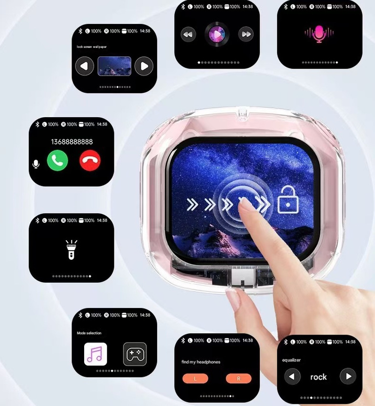 Black Smart TWS Earbuds with Full-Color LCD Touchscreen Case - Bluetooth 5.4, HiFi Stereo & ENC Noise Cancelling