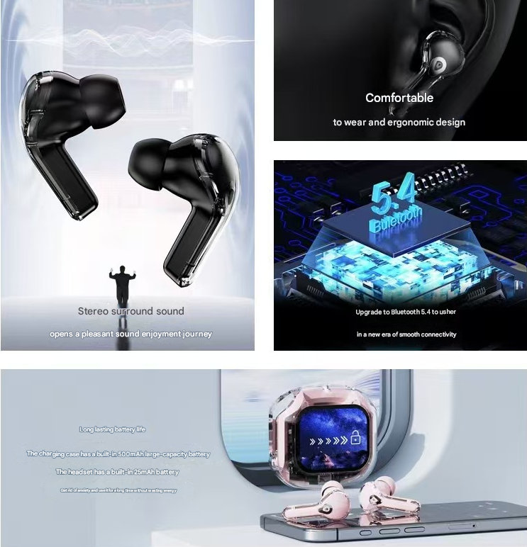 White Smart TWS Earbuds with Full-Color LCD Touchscreen Case - Bluetooth 5.4, HiFi Stereo & ENC Noise Cancelling