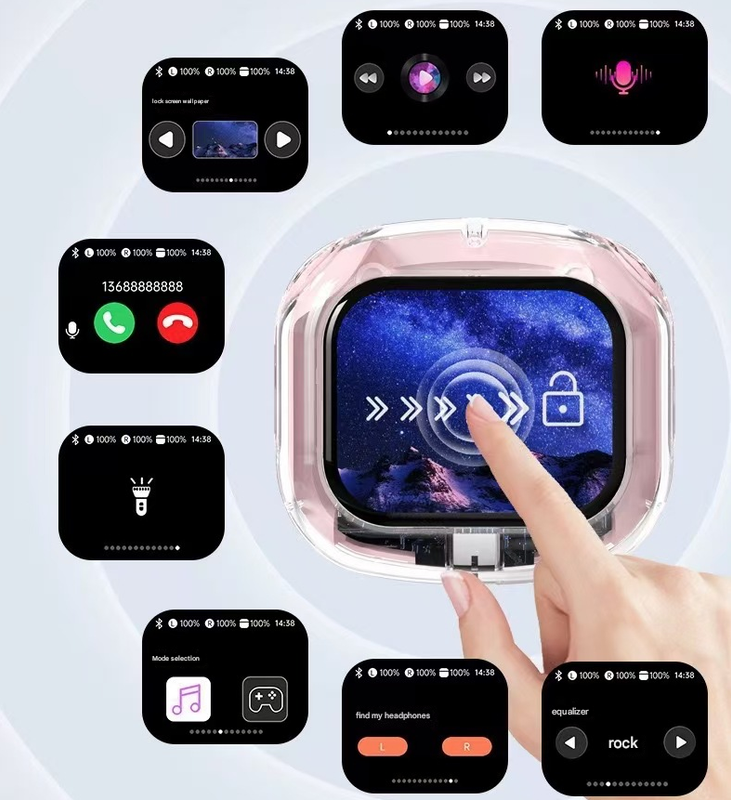 Pink Smart TWS Earbuds with Full-Color LCD Touchscreen Case - Bluetooth 5.4, HiFi Stereo & ENC Noise Cancelling