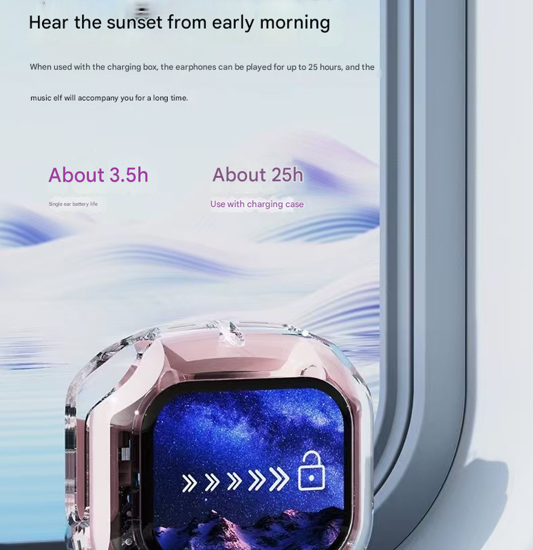 Pink Smart TWS Earbuds with Full-Color LCD Touchscreen Case - Bluetooth 5.4, HiFi Stereo & ENC Noise Cancelling