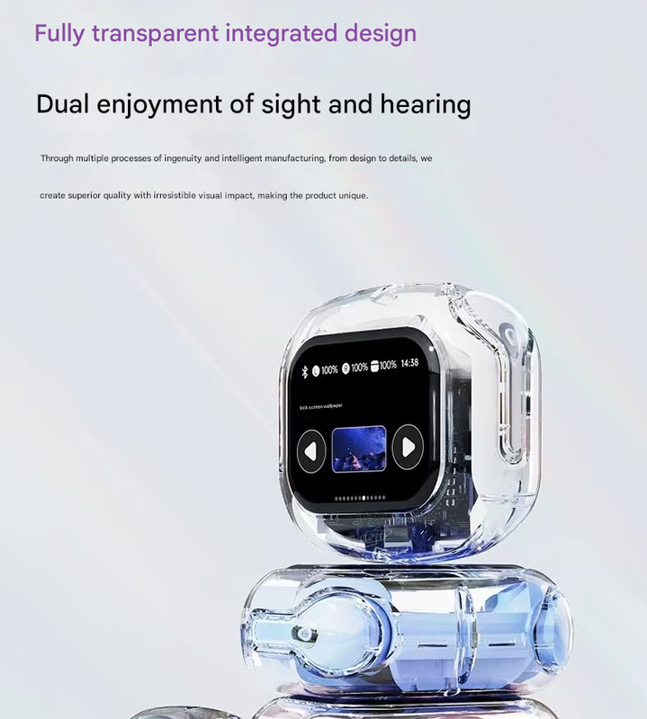 Pink Smart TWS Earbuds with Full-Color LCD Touchscreen Case - Bluetooth 5.4, HiFi Stereo & ENC Noise Cancelling