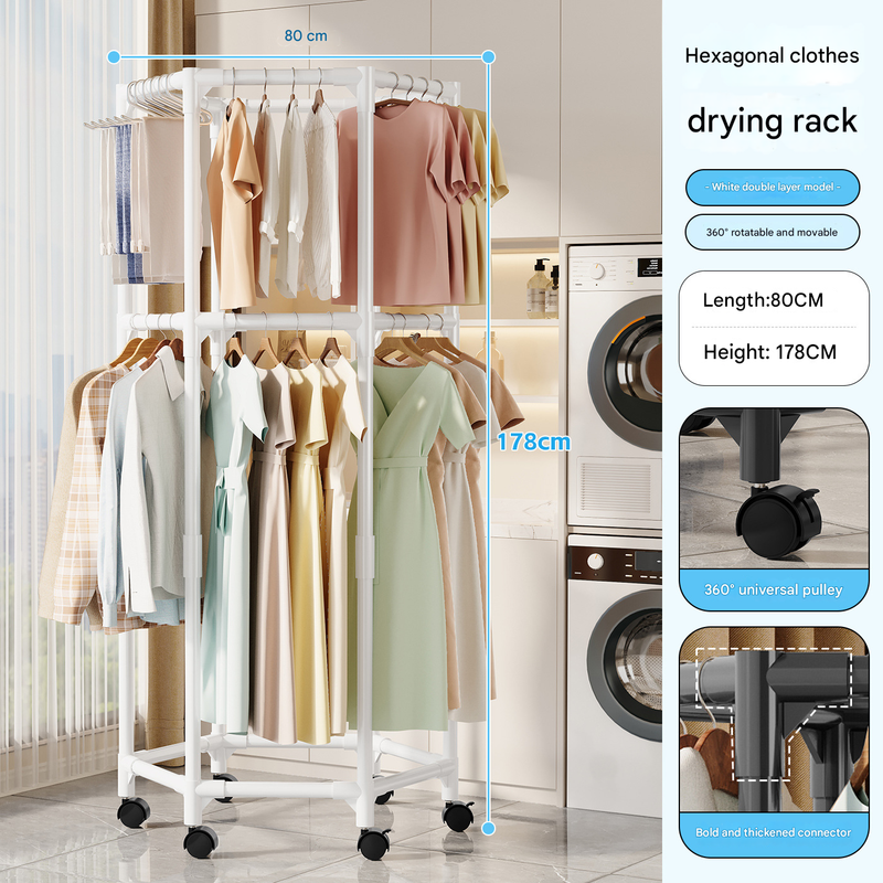 White double layer 360° Rotating Portable Garment Rack - Heavy Duty Rolling Clothes Stand with Wheels for Bedroom & Laundry