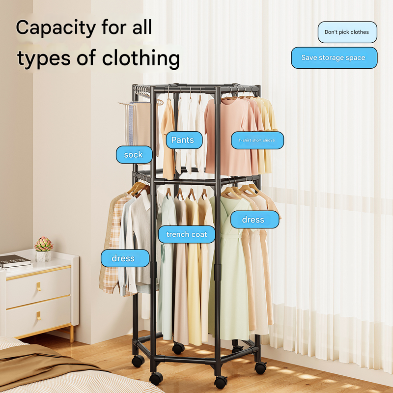 White double layer 360? Rotating Portable Garment Rack - Heavy Duty Rolling Clothes Stand with Wheels for Bedroom & Laundry
