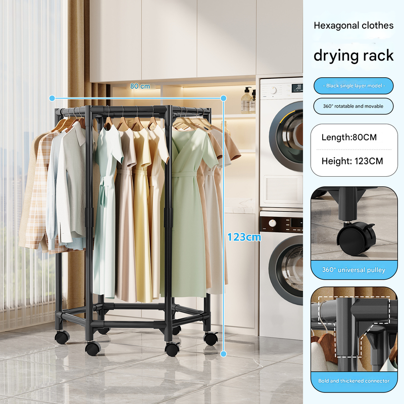 Black single layer 360°Rotating Portable Garment Rack - Heavy Duty Rolling Clothes Stand with Wheels for Bedroom & Laundry