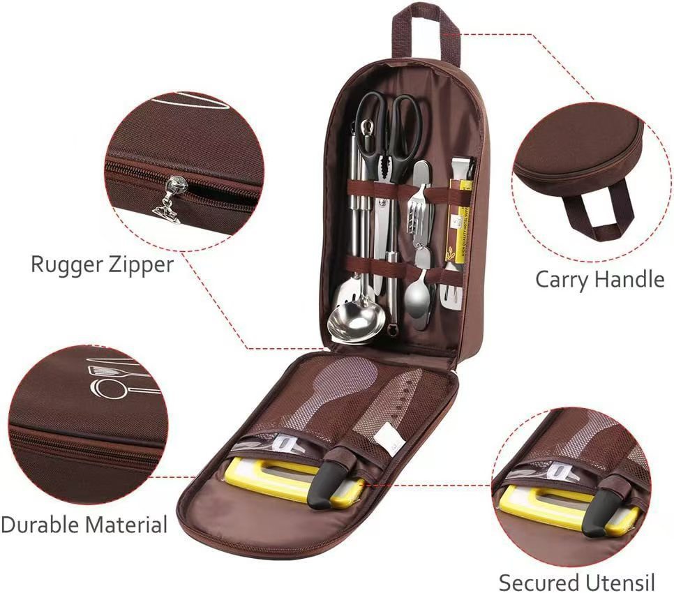 Khaki Portable Camping Kitchen Utensil Organizer - Travel Cookware Storage Bag for BBQ & Picnics
