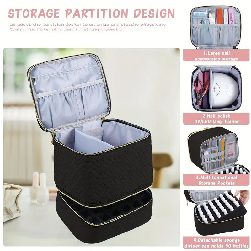Black Professional Nail Polish Organizer Case for 30 Bottles & UV Lamp - Double-Layer Travel Storage Bag