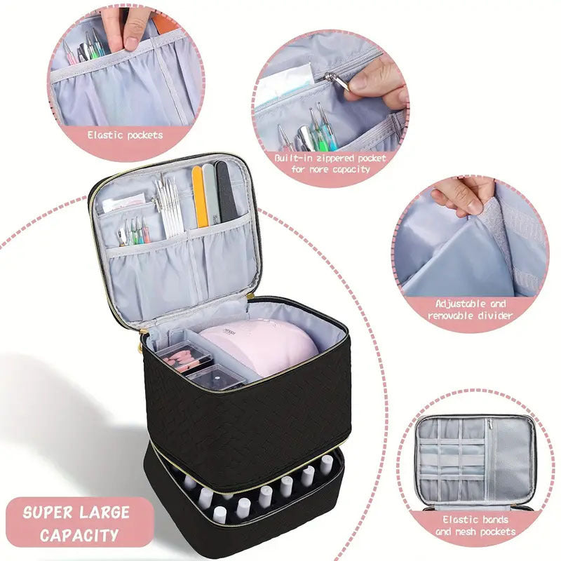 Purple Professional Nail Polish Organizer Case for 30 Bottles & UV Lamp - Double-Layer Travel Storage Bag