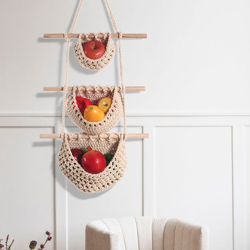 Three-layer cotton rope style Bohemian Hanging Fruit Basket – Wall-Mounted Woven Storage Net Pocket for Kitchen & Home Decor