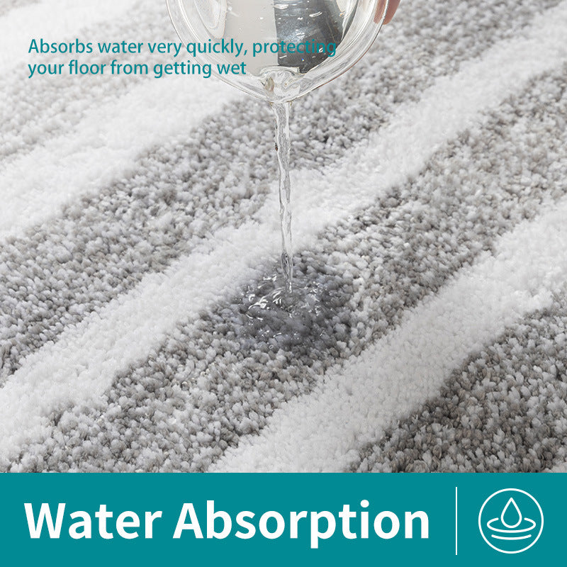 Grey Plush Striped Bath Mat - Ultra Soft, Absorbent & Non-Slip Bathroom Rug for Shower and Tub