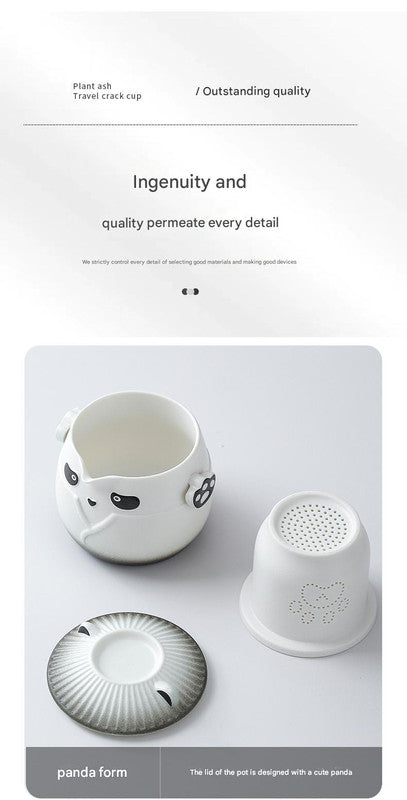 Adorable Panda Design Ceramic Tea Infuser Mug Set - 310ml Travel Crackle Glaze Cup with Lid & Strainer(black)