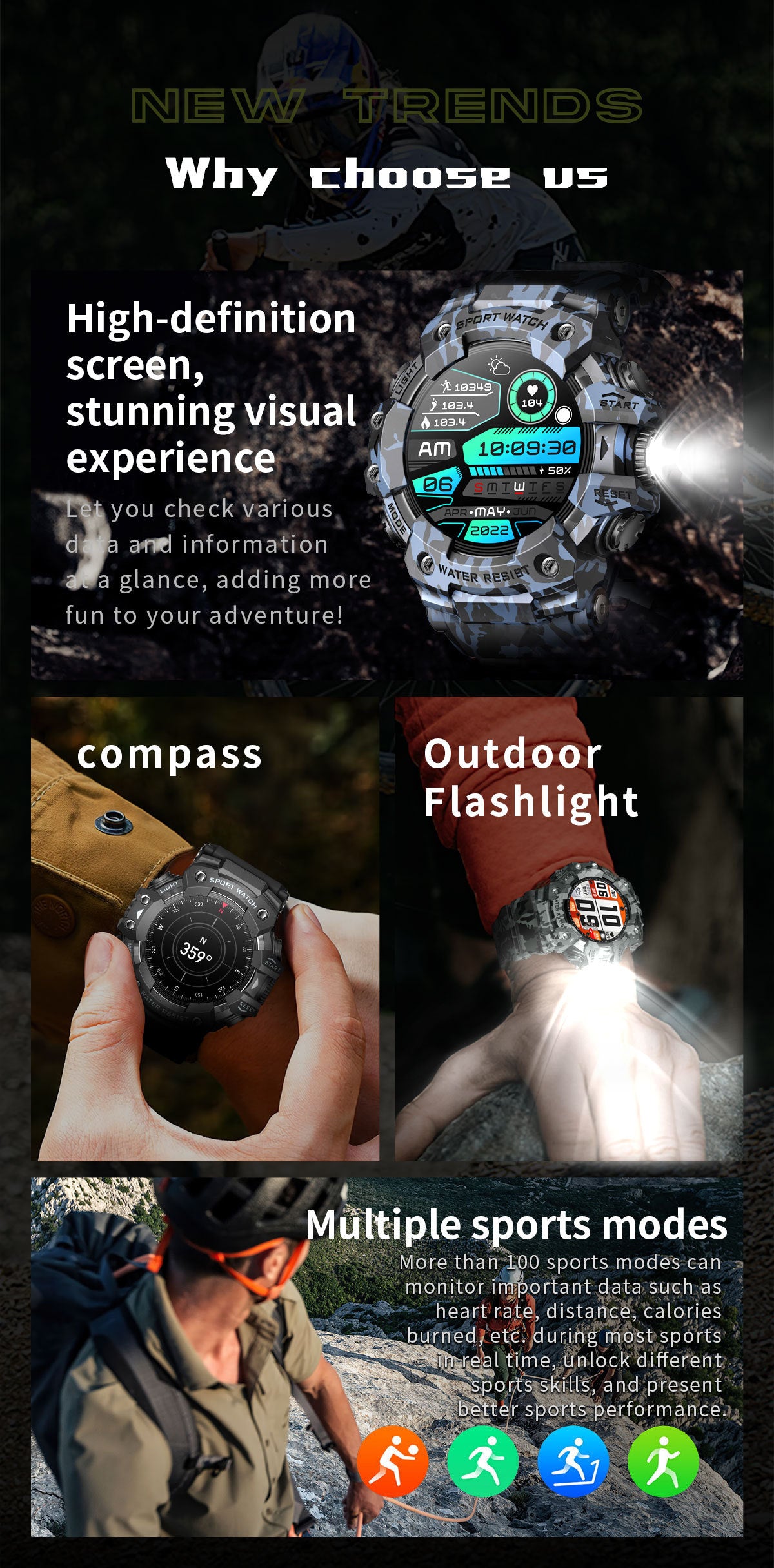 Rugged Outdoor Sport Smartwatch - HD Display, Compass, Flashlight, 100+ Sports Modes, Health Monitoring & Bluetooth Calls(Camouflage gray)