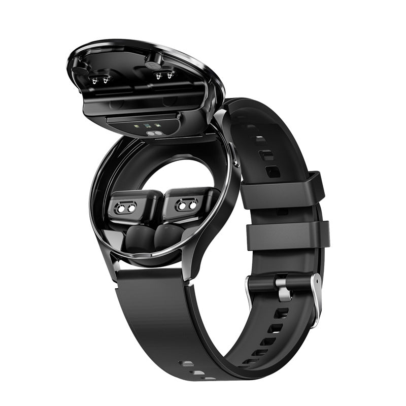 2-in-1 Smartwatch with Built-in TWS Earphones - IP67 Waterproof, Health Monitoring & CNC Metal Design(Black rubber)