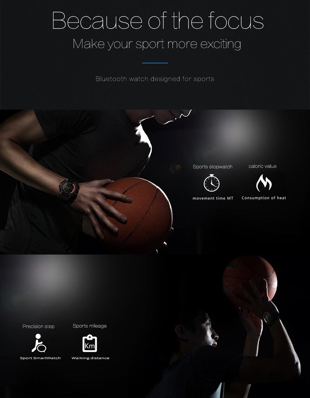 Rugged Sports Smartwatch - 50M Waterproof, 24H 3D Pedometer, Bluetooth Notifications & Long Battery Life(Black with white text)