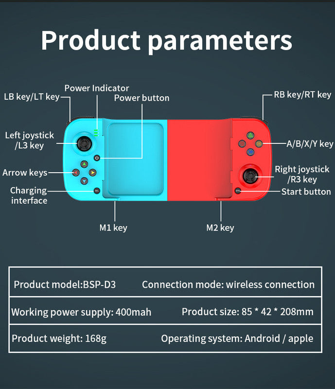 Portable Telescopic Mobile Game Controller - Bluetooth 5.0, iOS/Android/PC Compatible, 400mAh Battery(blue and red)