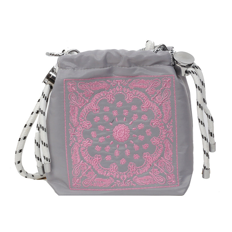 Chic Drawstring Bucket Bag with Intricate Print - Adjustable Rope Strap, Lightweight Fabric(Pink)