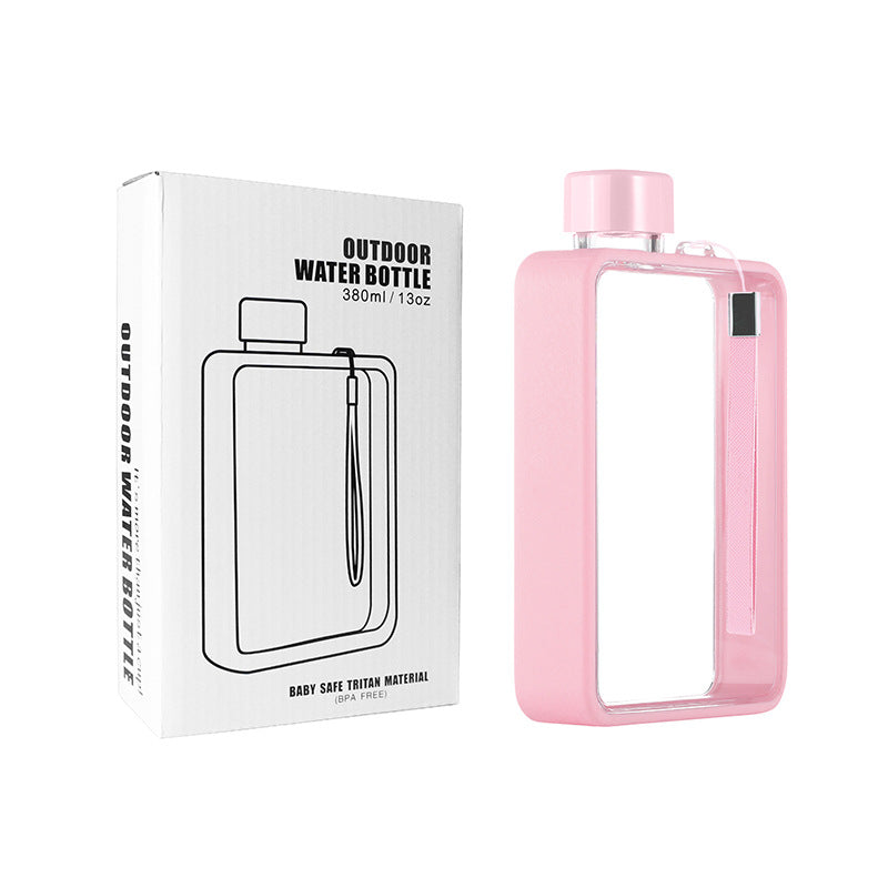 Slim Tritan Flat Water Bottle - 380ml BPA-Free, Leakproof with Leather-Textured Sleeve & Strap(pink)
