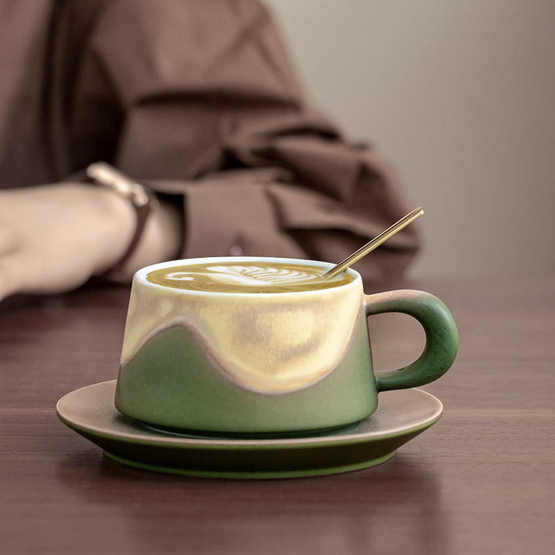 Artistic Ceramic Coffee Cup & Saucer Set with Spoon - Gradient Glaze, 240ml, Gift Boxed(Blue)