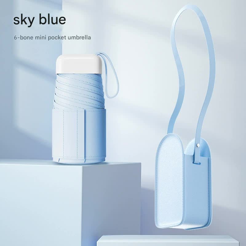 Mini Pocket Umbrella with Matching Crossbody Bag - UV Protection, 6-Rib Windproof Design(blue)