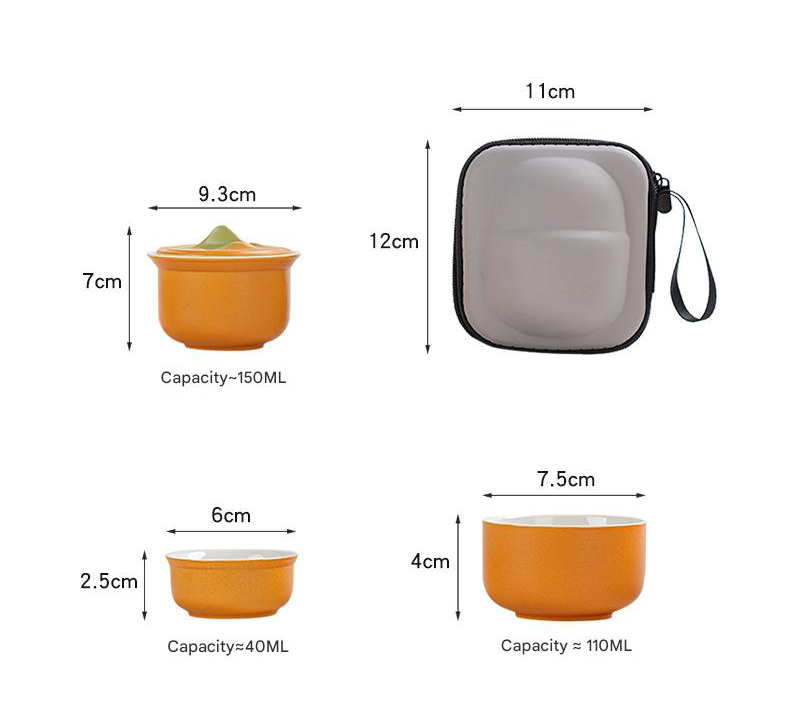 Portable Ceramic Tea Set for Travel - Quick Gaiwan with 3 Cups & Carrying Case(Orange)