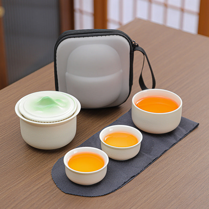 Portable Ceramic Tea Set for Travel - Quick Gaiwan with 3 Cups & Carrying Case(White)
