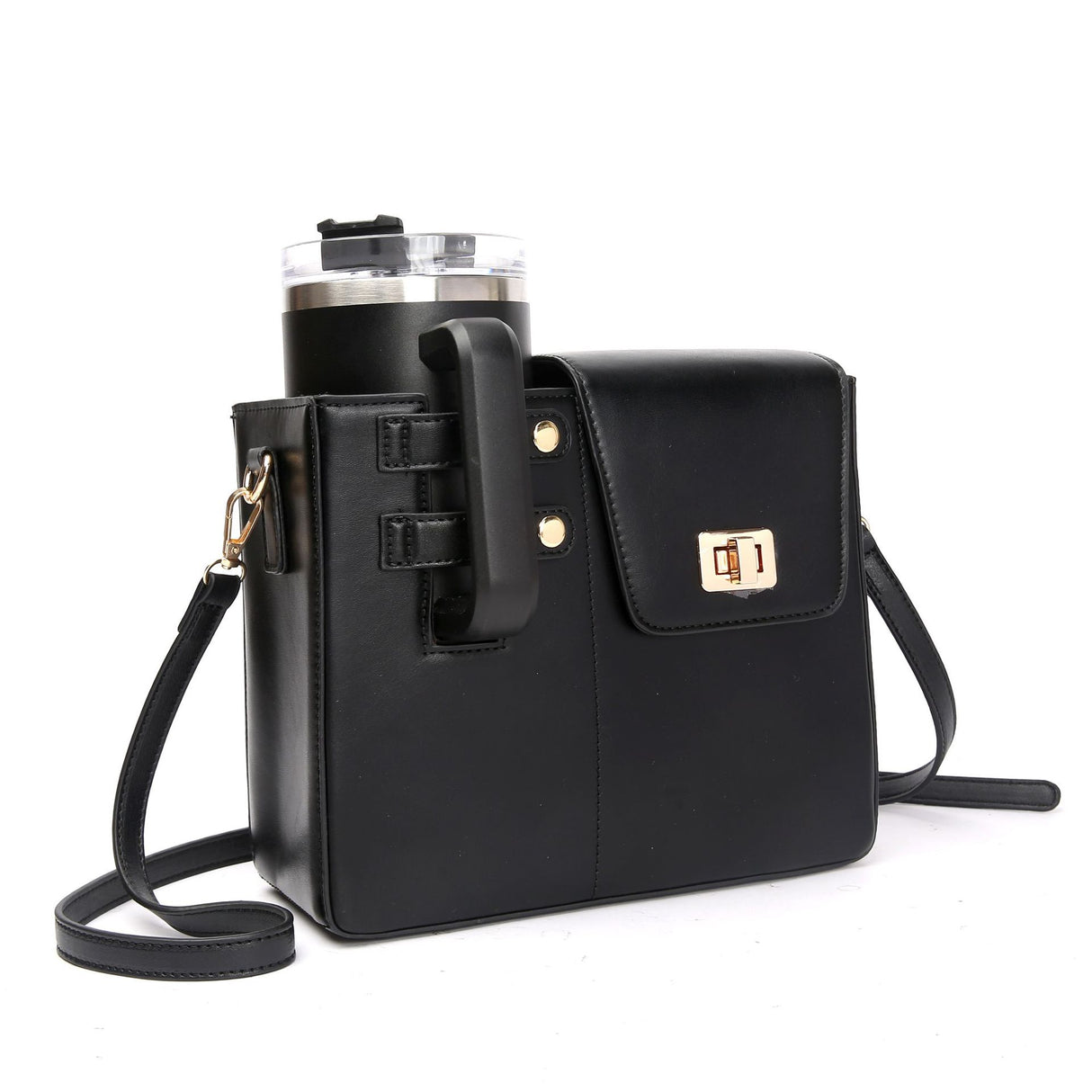 Chic PU Leather Crossbody Bag with Tumbler Holder - Multi-Compartment, Adjustable Strap,Does not include thermos cup(black)