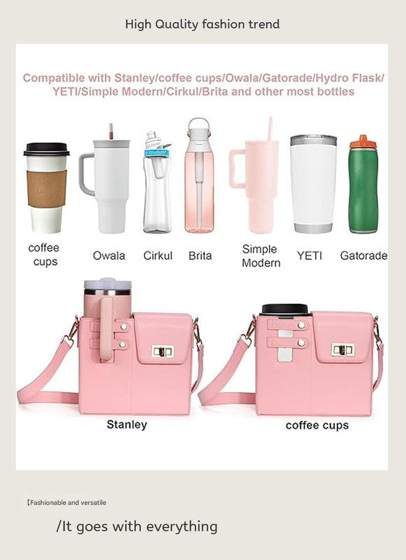 Chic PU Leather Crossbody Bag with Tumbler Holder - Multi-Compartment, Adjustable Strap,Does not include thermos cup(black)