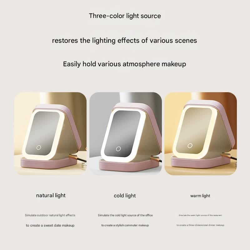 Portable Jewelry & Makeup Organizer Box with LED Touch Mirror - Rechargeable, Adjustable Lighting(pink)