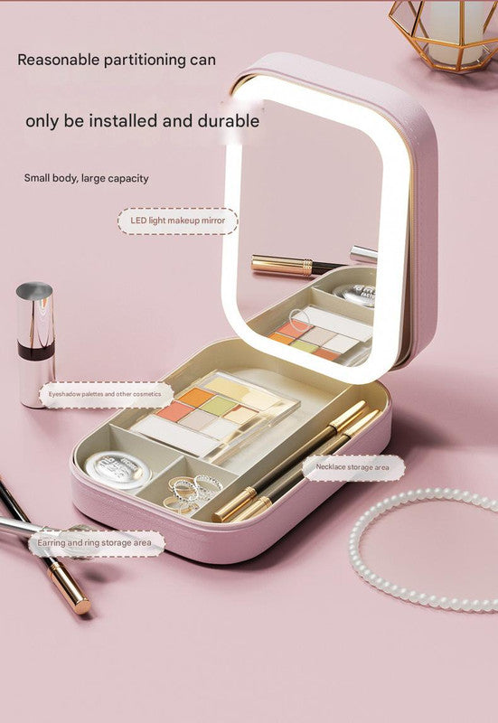 Portable Jewelry & Makeup Organizer Box with LED Touch Mirror - Rechargeable, Adjustable Lighting(pink)