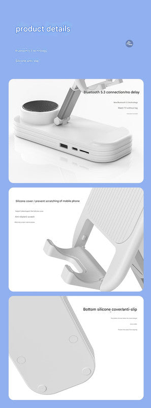Foldable Desktop Phone Stand with Bluetooth 5.3 Speaker - Adjustable Angle & Height, TF/Line-In(white)