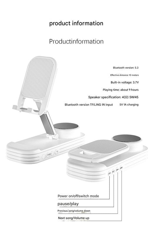 Foldable Desktop Phone Stand with Bluetooth 5.3 Speaker - Adjustable Angle & Height, TF/Line-In(yellow)