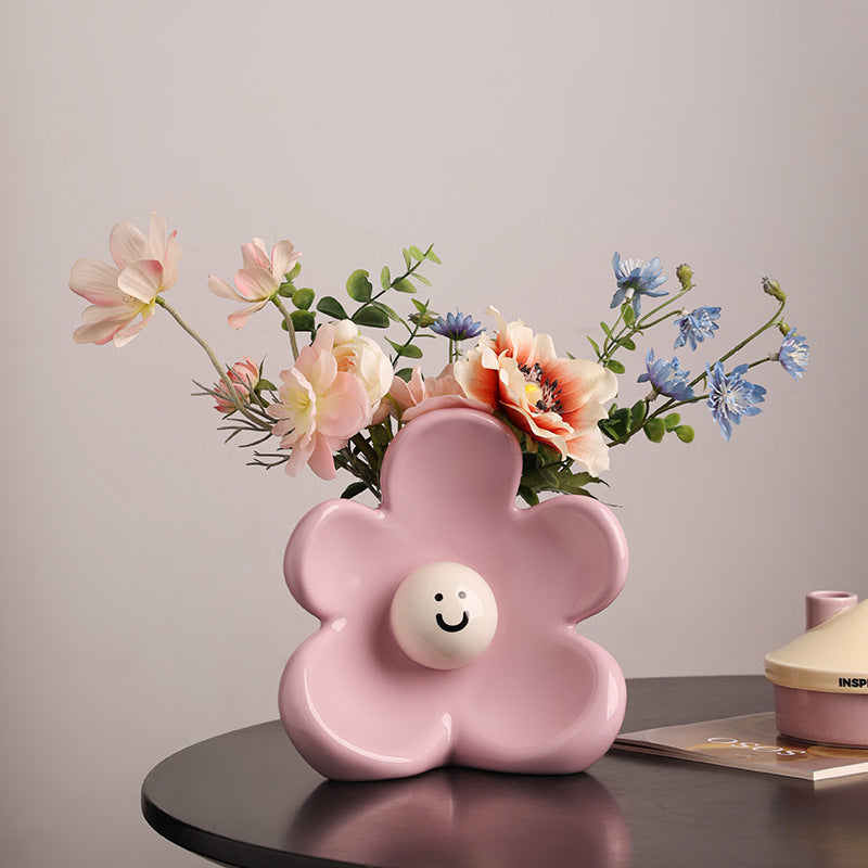 Artistic Floral Smiling Face Vase - Modern Ceramic Decor with Gloss Finish(pink)