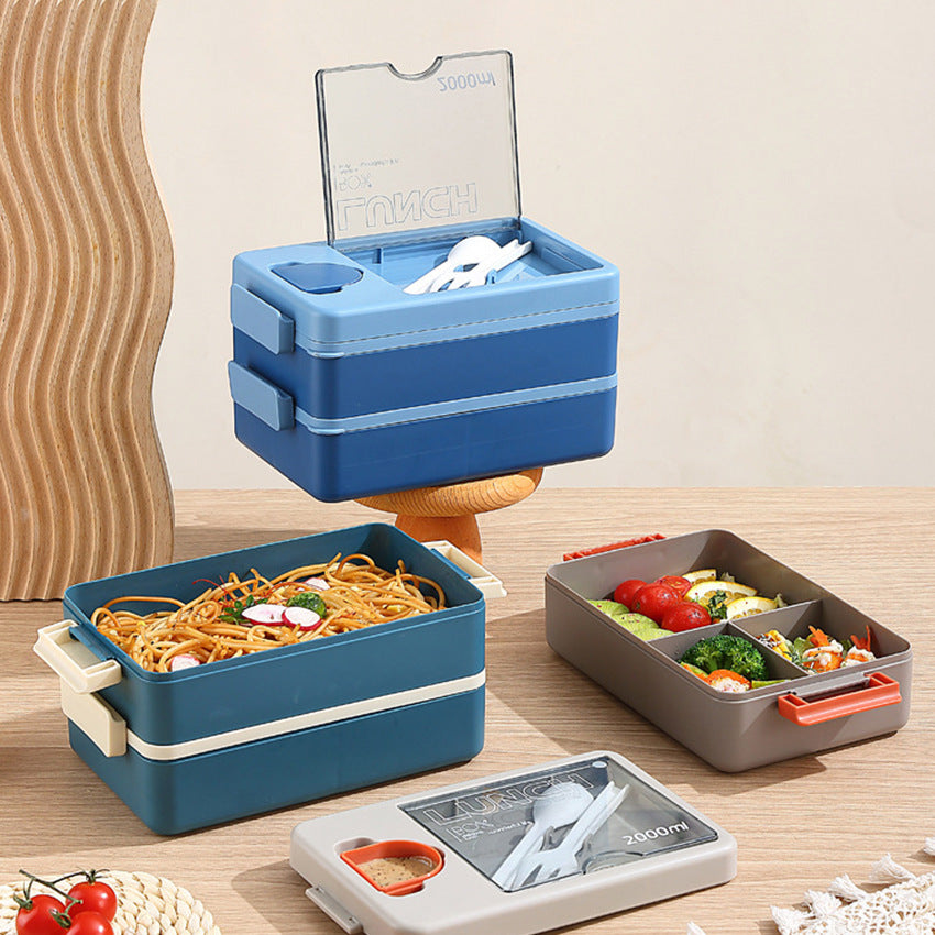 2L Double-Layer Bento Lunch Box - Leak-Proof with Utensil & Sauce Container(Orange Blue)