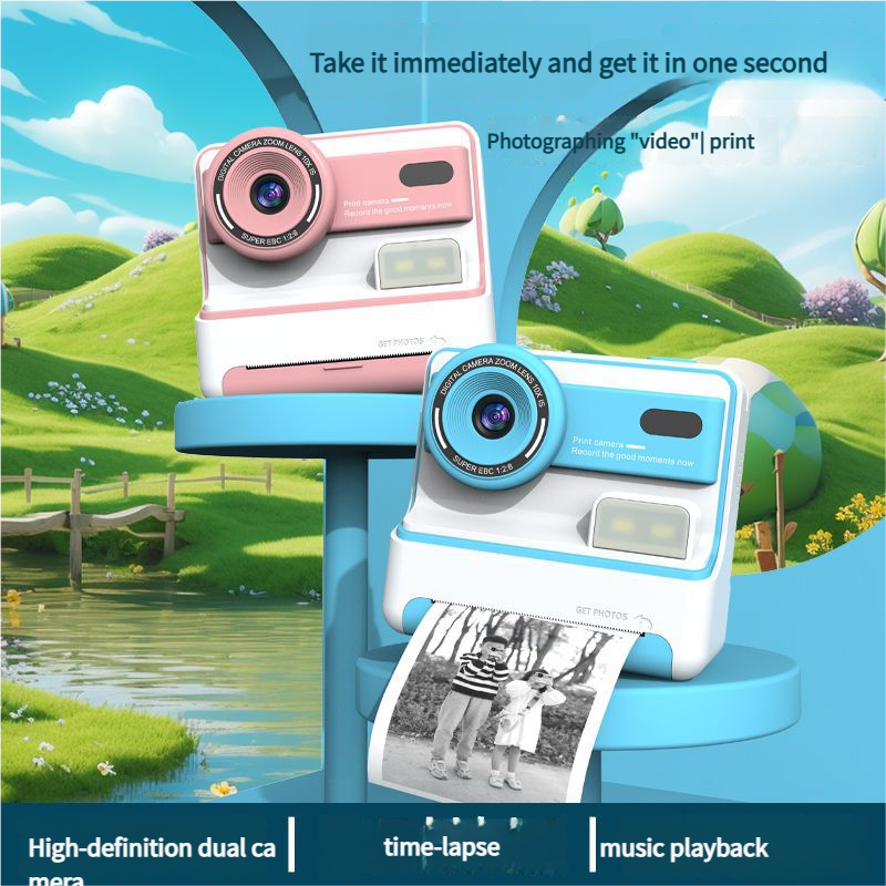 Kids Instant Print Camera - Creative Drawing & Photo Fun with Thermal Printing(Blue+64GB memory card)