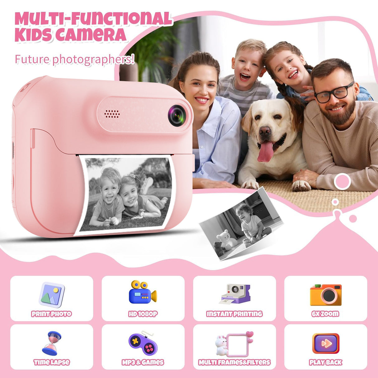 Kids Multi-Functional Camera Toy - Instant B&W Printing & Creative Stickers(pink)