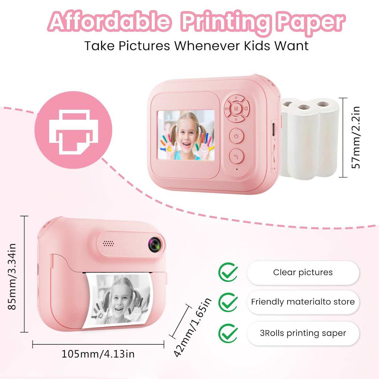 Kids Multi-Functional Camera Toy - Instant B&W Printing & Creative Stickers(pink)