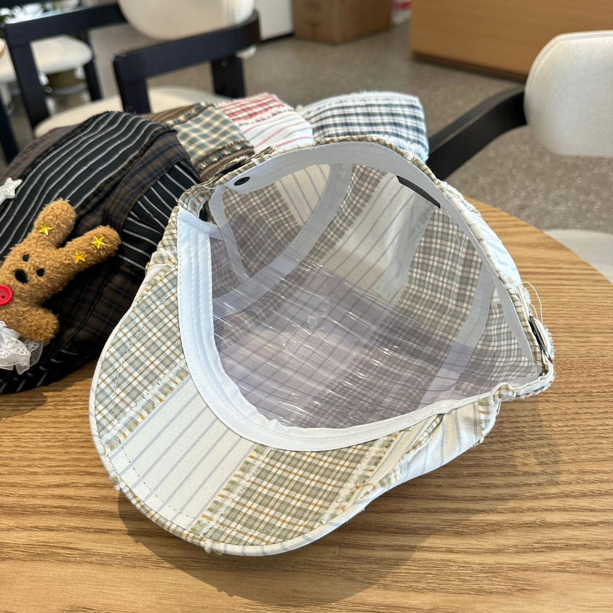 Patchwork Plaid Cotton Cap with Decorative Details(blue)