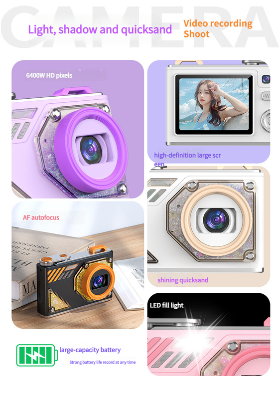 Glitter Sand Design 64MP HD Digital Camera with LED Fill Light & Auto Focus(pink)