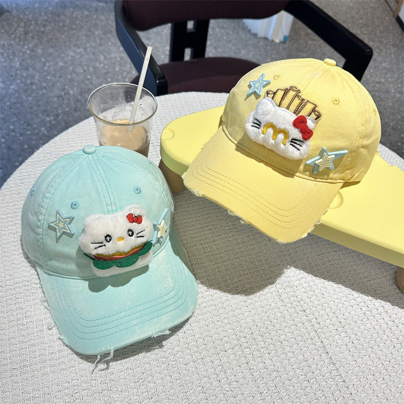 Adorable Cartoon Cat & Stars Baseball Cap - 100% Cotton, Adjustable Fit, Sun Protection(yellow)