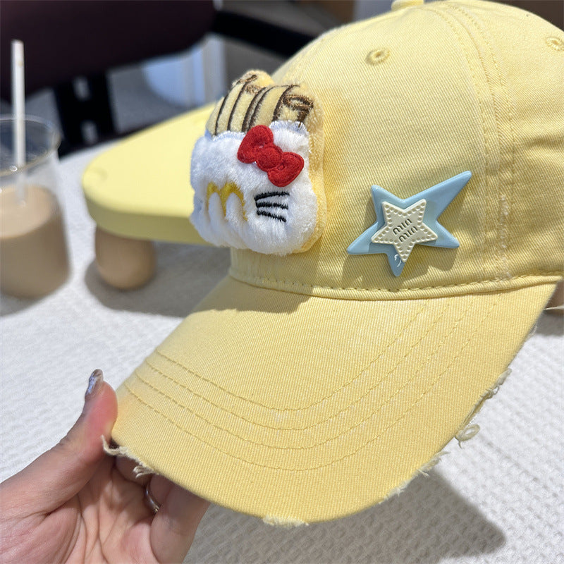 Adorable Cartoon Cat & Stars Baseball Cap - 100% Cotton, Adjustable Fit, Sun Protection(yellow)