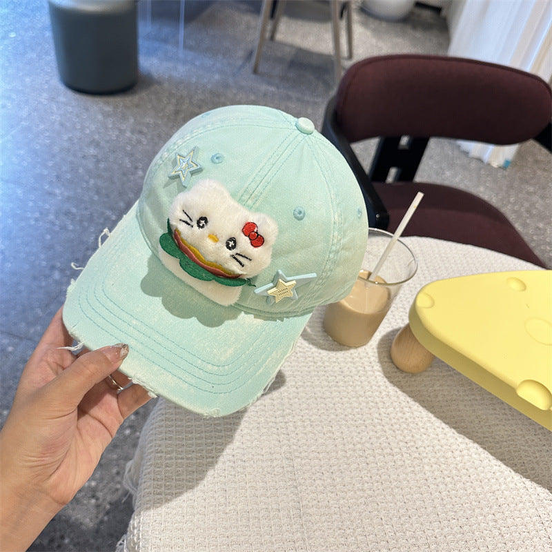 Adorable Cartoon Cat & Stars Baseball Cap - 100% Cotton, Adjustable Fit, Sun Protection(green)