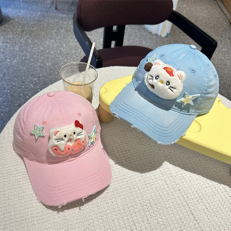 Adorable Cartoon Cat & Stars Baseball Cap - 100% Cotton, Adjustable Fit, Sun Protection(pink)