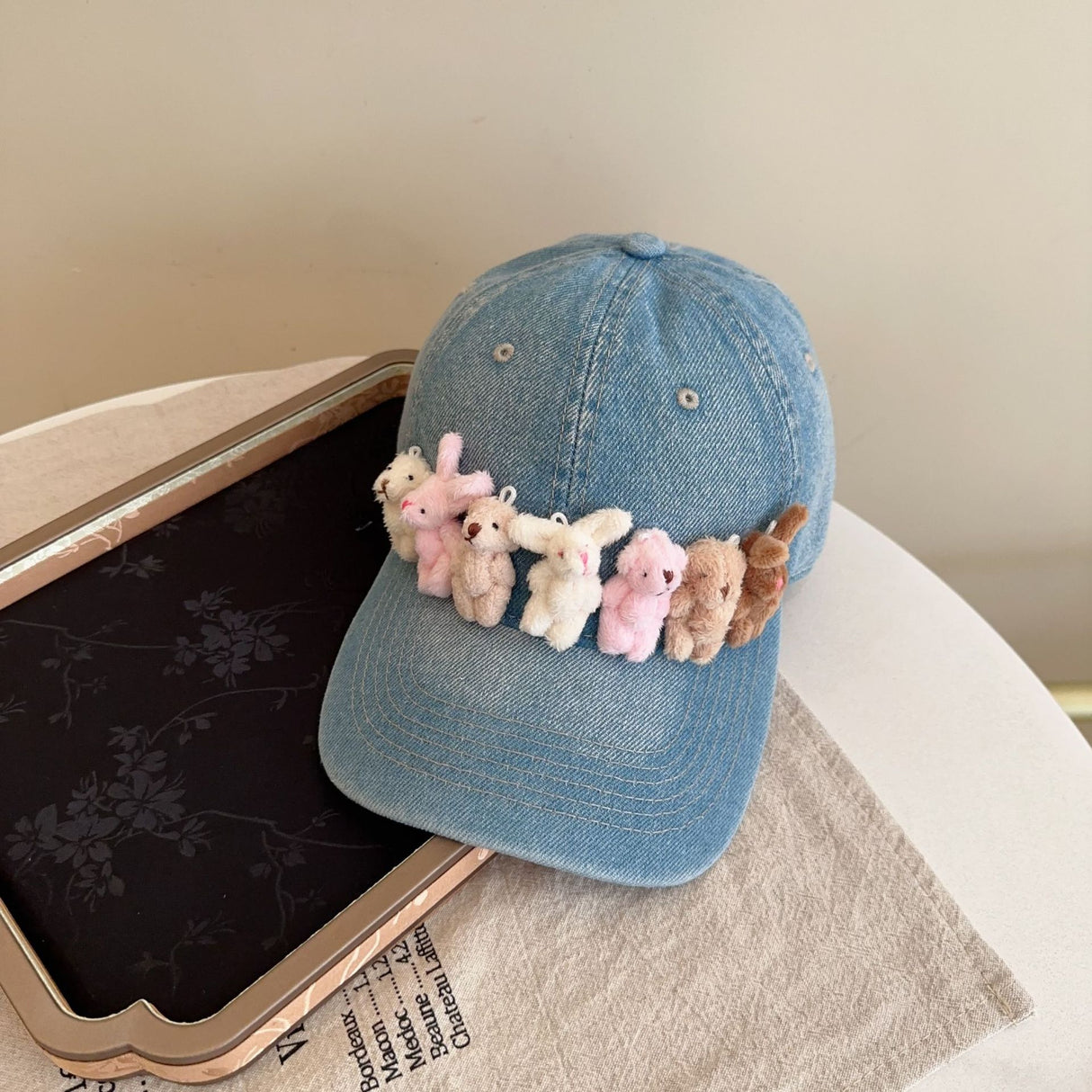 Whimsical Plush Bunny Row Denim Baseball Cap - Adjustable, Sun Protection, Breathable Comfort(Light Blue)